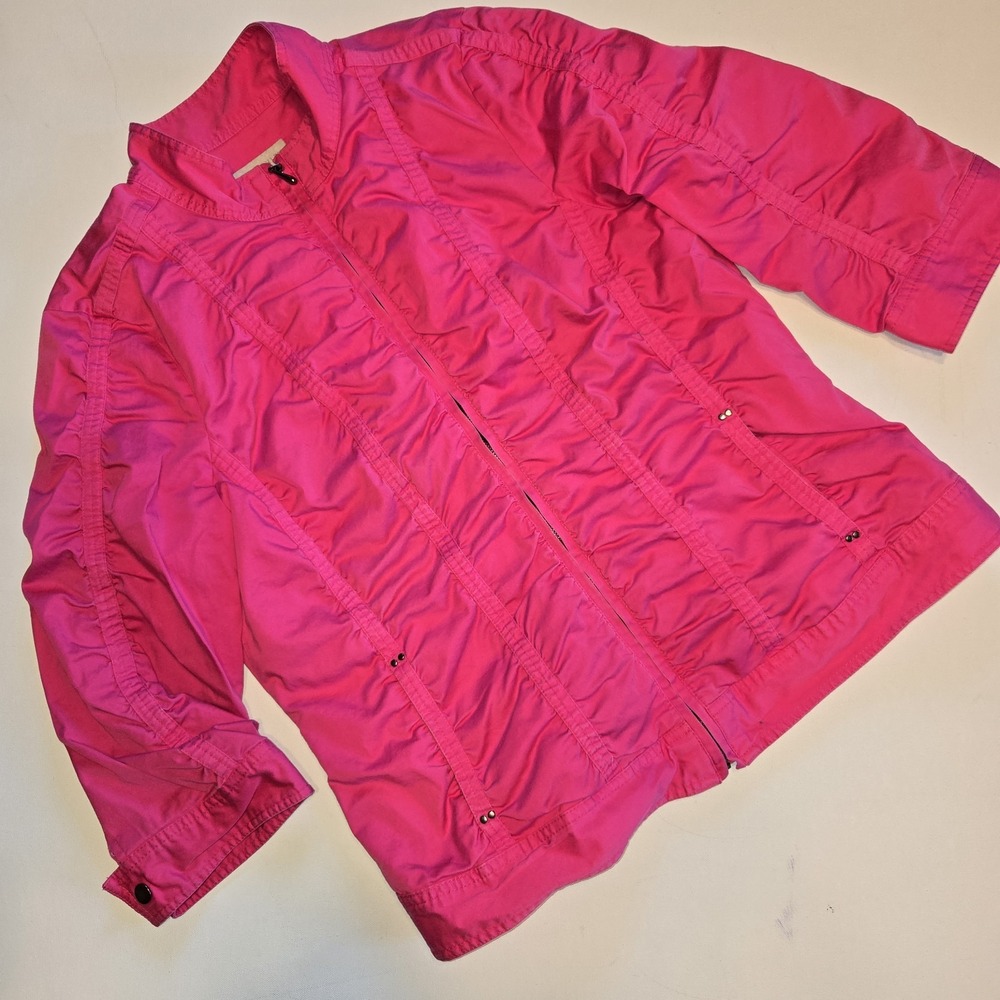 Laura Ashely Hot Pink Vertical Ruching Full Zip Womens 3/4 Sleeve Jacket Size L